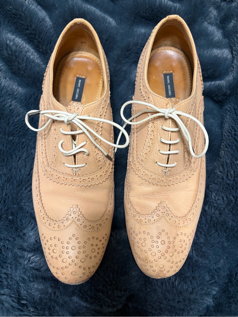 Marc Jacobs Beige Tan Leather Brogue Wingtip Oxfords almond toe size 38/8